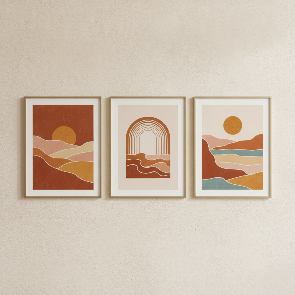 Boho Abstract Sunset & Coastal Landscape Art Set | Set of 3 Printable Wall Art | Instant Download