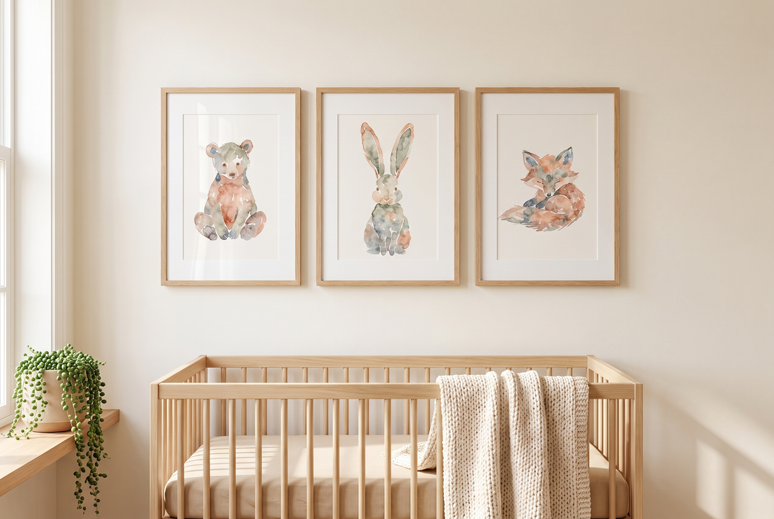 Woodland Nursery Animal Prints — Watercolor Set of 3 (Bear, Bunny & Fox) — Stretched Canvas | Digital Download Available