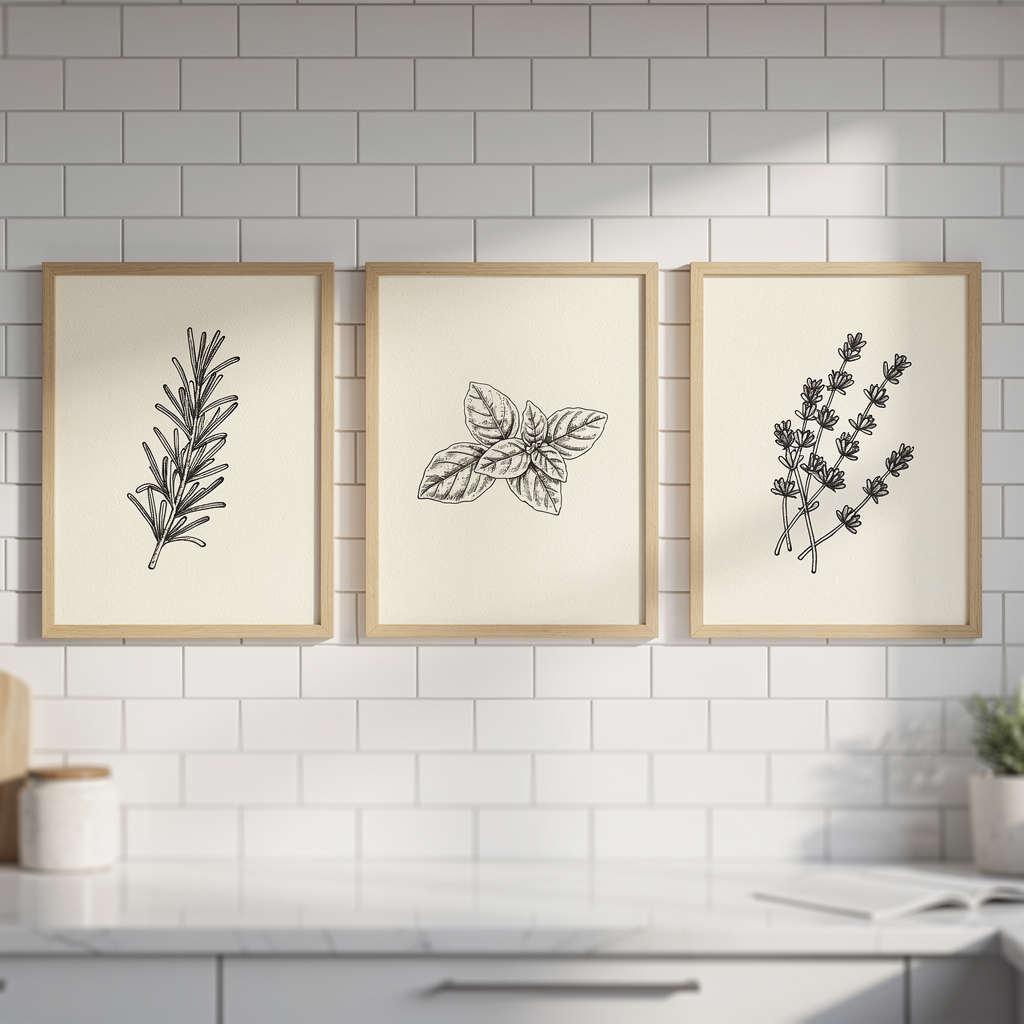 Kitchen Herb Prints Set — Stretched Canvas Set of 3 | Printable Wall Art | Digital Download Available