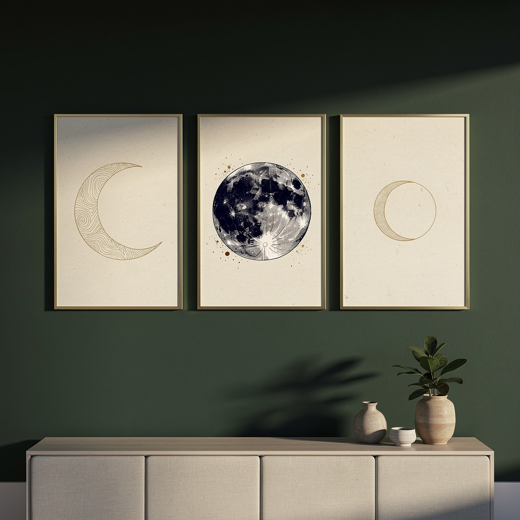 Celestial Moon Phase Art Set — Stretched Canvas Set of 3 | Printable Wall Art | Digital Download Available
