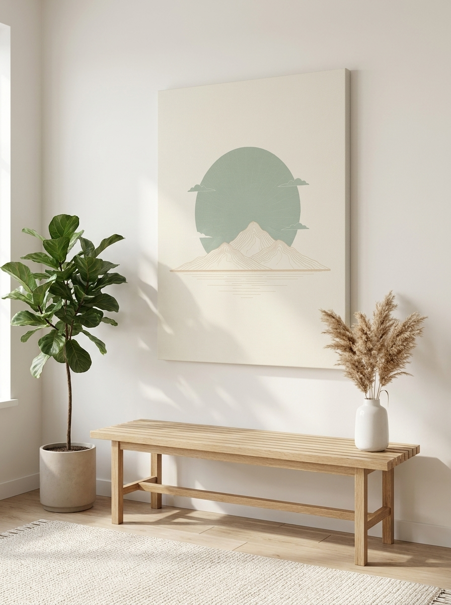 Sage Green Japandi Sun Canvas — hero room mockup
