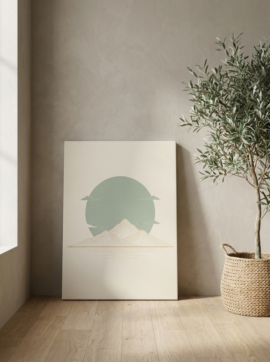 Sage Green Japandi Sun Canvas — leaning scene