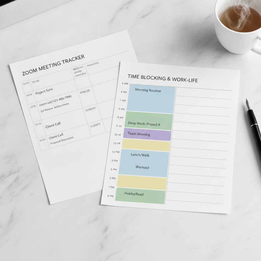 Work-From-Home Productivity Planner — Printable Zoom Meeting Tracker, Time Blocking & Work-Life Balance Kit