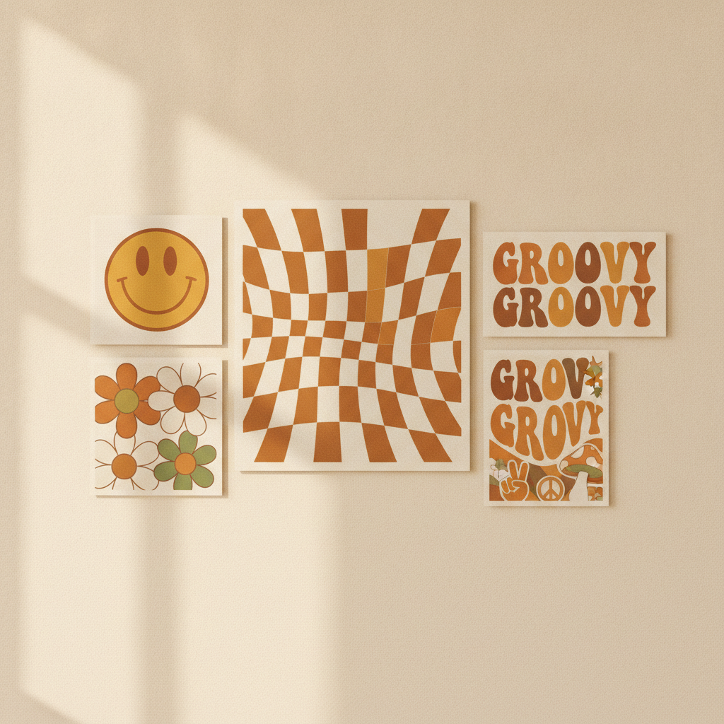 Retro 70s Groovy Wall Art Set of 5 | Printable Checkerboard, Smiley Face & Daisy Aesthetic Prints | Instant Download