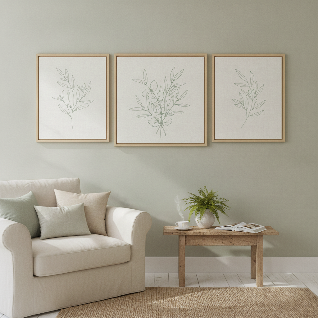 Sage Green Botanical Set of 3 Gallery-Wrapped Canvas Prints — Eucalyptus & Olive Branch Wall Art