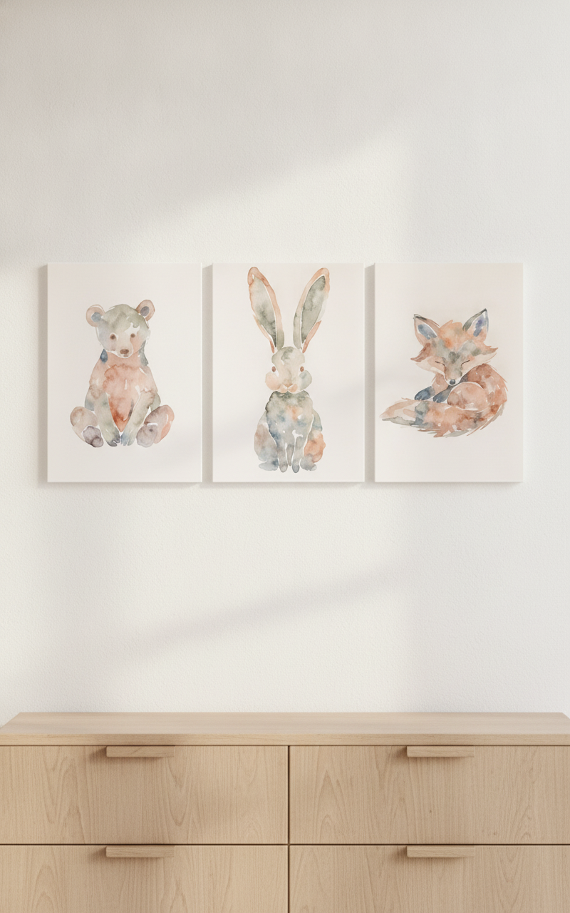 Woodland Nursery Animal Prints — Watercolor Set of 3 (Bear, Bunny & Fox) — Stretched Canvas | Digital Download Available