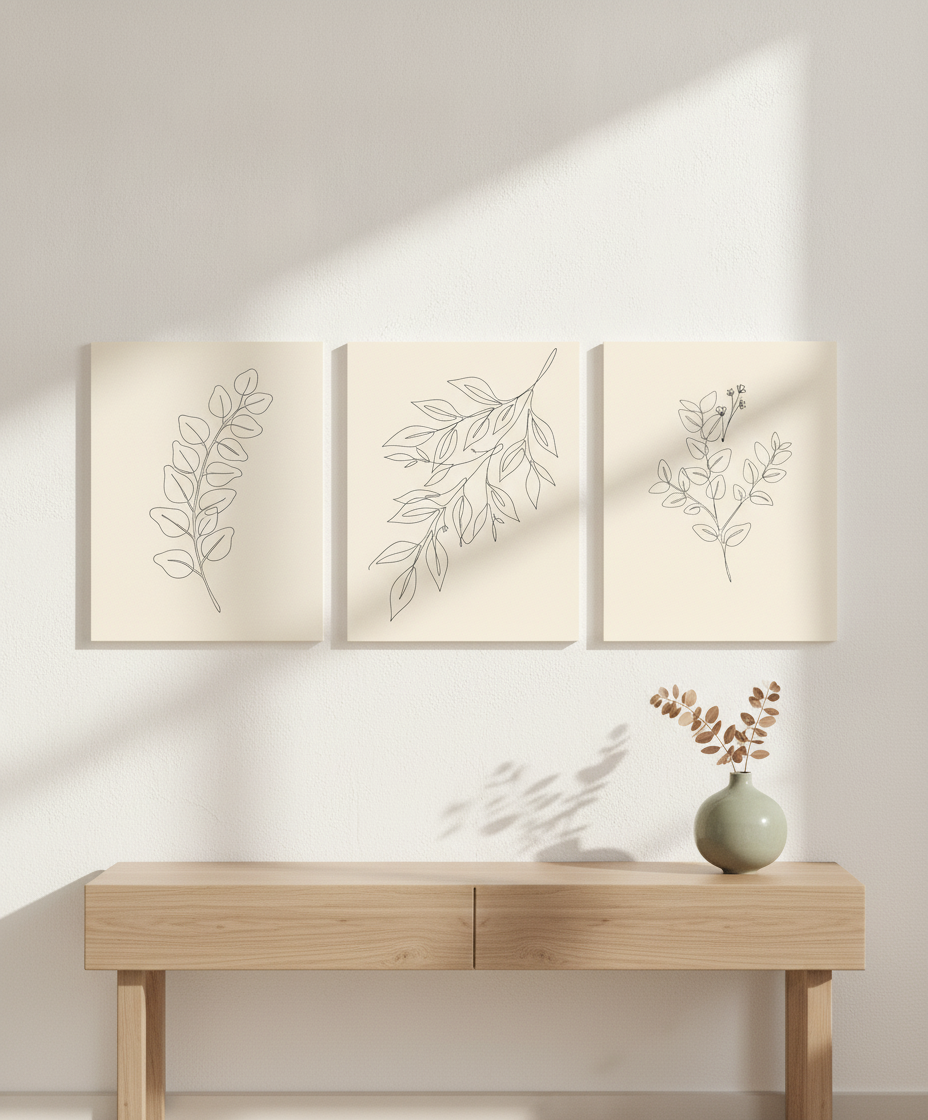 Botanical Fine-Line Art Set — Stretched Canvas Set of 3 | Printable Wall Art | Digital Download Available