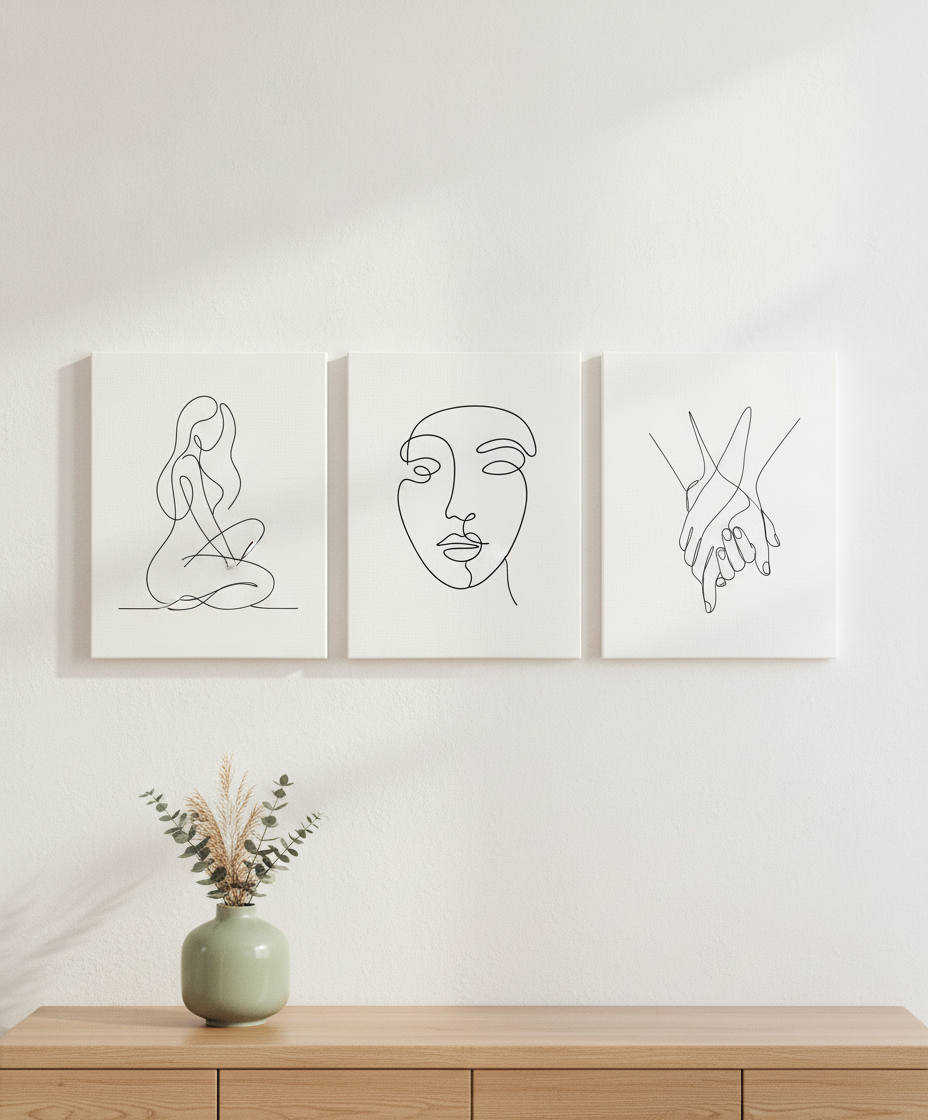 Monochrome Line Art Gallery Set — Stretched Canvas Set of 3 | Printable Wall Art | Digital Download Available