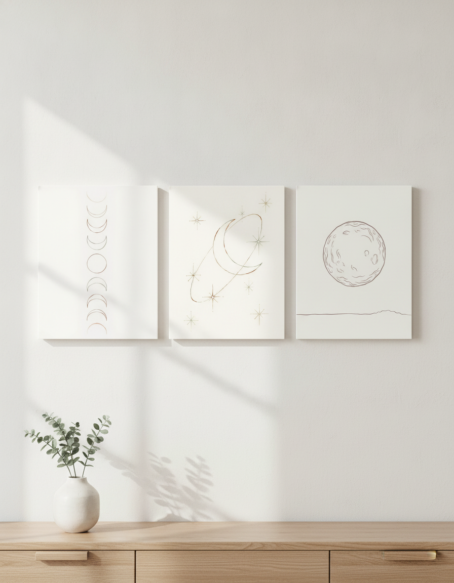 Celestial Moon Phase Art Set — Stretched Canvas Set of 3 | Printable Wall Art | Digital Download Available
