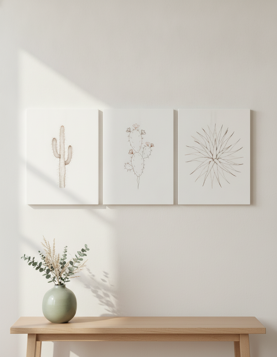 Desert Botanical Line Art Set — Stretched Canvas Set of 3 | Printable Wall Art | Digital Download Available