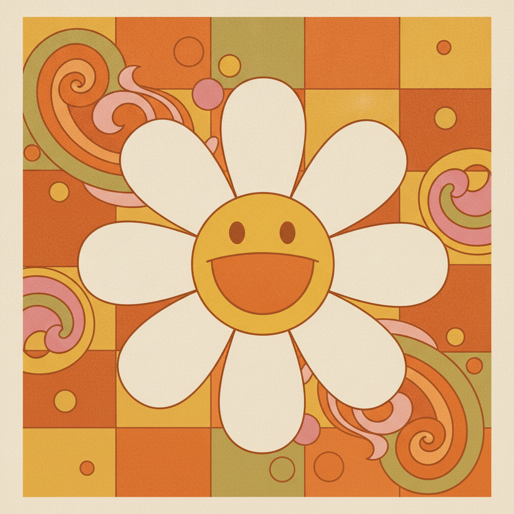 Retro 70s Groovy Wall Art Set of 5 | Printable Checkerboard, Smiley Face & Daisy Aesthetic Prints | Instant Download