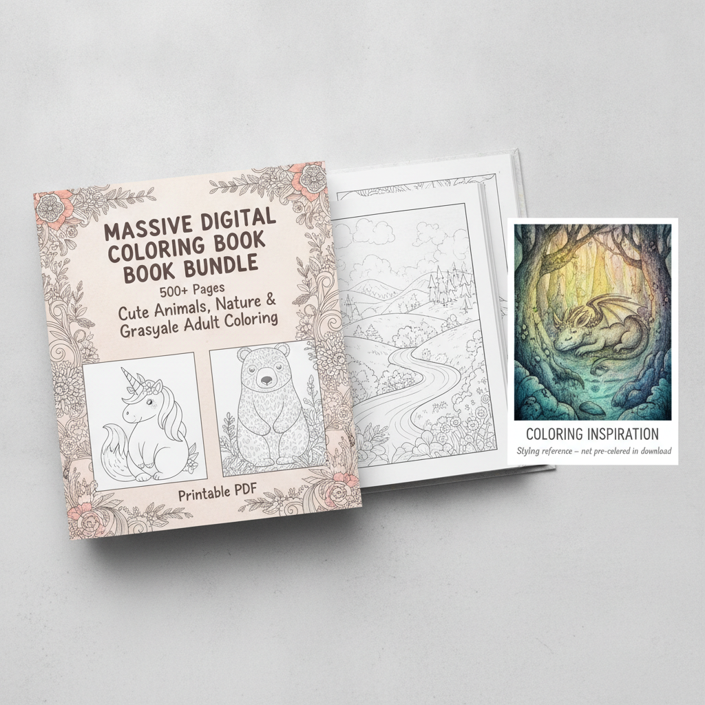 Massive Digital Coloring Book Bundle | 500+ Pages Cute Animals, Nature & Grayscale Adult Coloring | Printable PDF