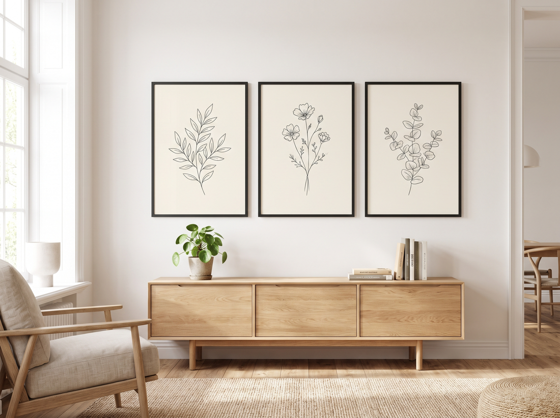 Botanical Fine-Line Art Set — Stretched Canvas Set of 3 | Printable Wall Art | Digital Download Available
