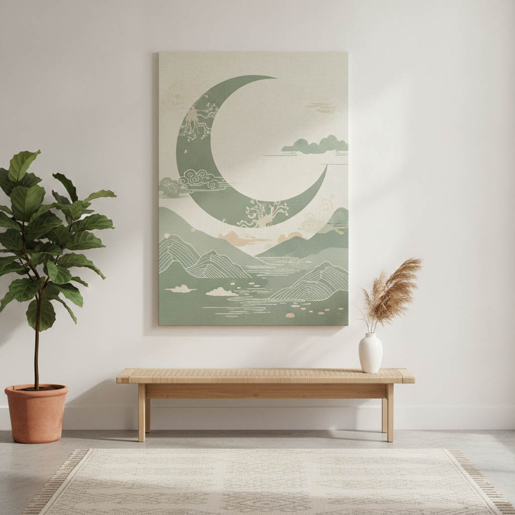 Sage Green Japandi Moon Canvas Wall Art – Gallery-Wrapped Stretched Canvas Print