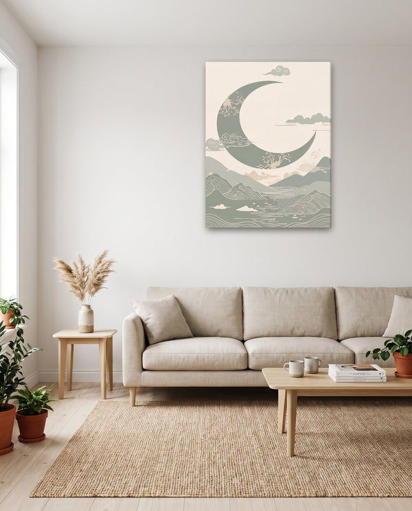 Sage Green Japandi Moon Canvas Wall Art – Gallery-Wrapped Stretched Canvas Print