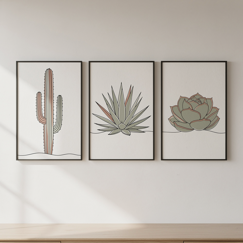 Desert Botanical Line Art Set — Stretched Canvas Set of 3 | Printable Wall Art | Digital Download Available