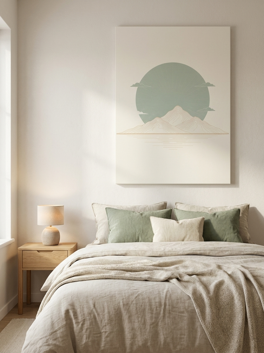 Sage Green Japandi Sun Canvas — bedroom scene