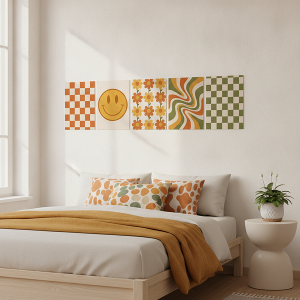 Retro 70s Groovy Wall Art Set of 5 | Printable Checkerboard, Smiley Face & Daisy Aesthetic Prints
