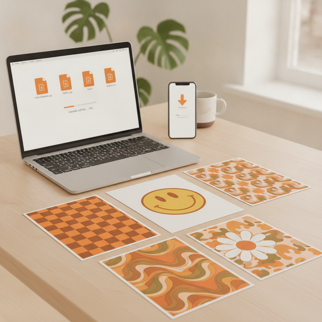 Retro 70s Groovy Wall Art Set of 5 | Printable Checkerboard, Smiley Face & Daisy Aesthetic Prints | Instant Download