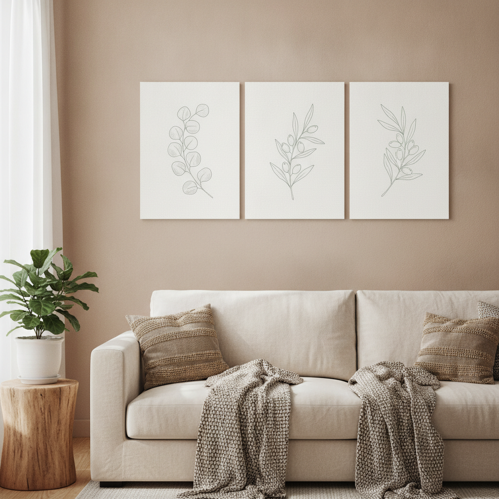Sage Green Botanical Set of 3 Gallery-Wrapped Canvas Prints — Eucalyptus & Olive Branch Wall Art