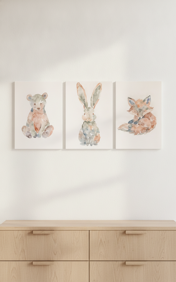 Woodland Nursery Animal Prints — Watercolor Set of 3 (Bear, Bunny & Fox) — Stretched Canvas | Digital Download Available