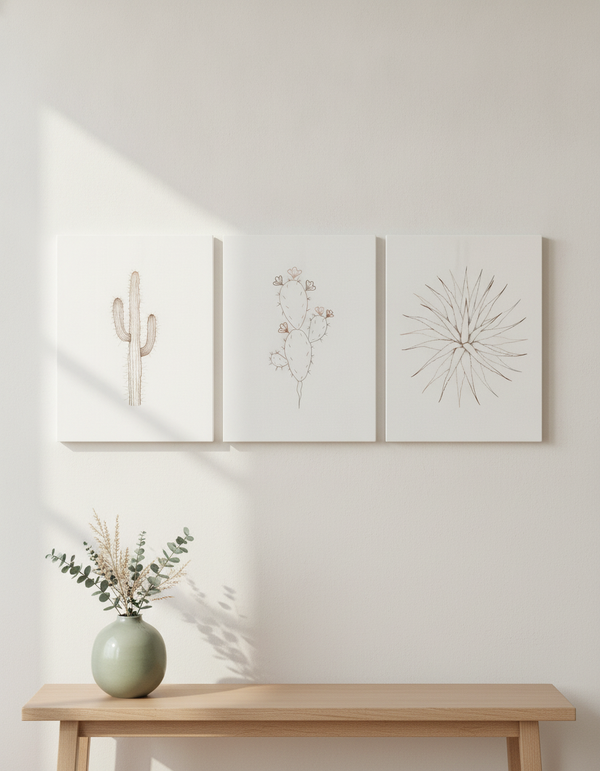 Desert Botanical Line Art Set — Stretched Canvas Set of 3 | Printable Wall Art | Digital Download Available