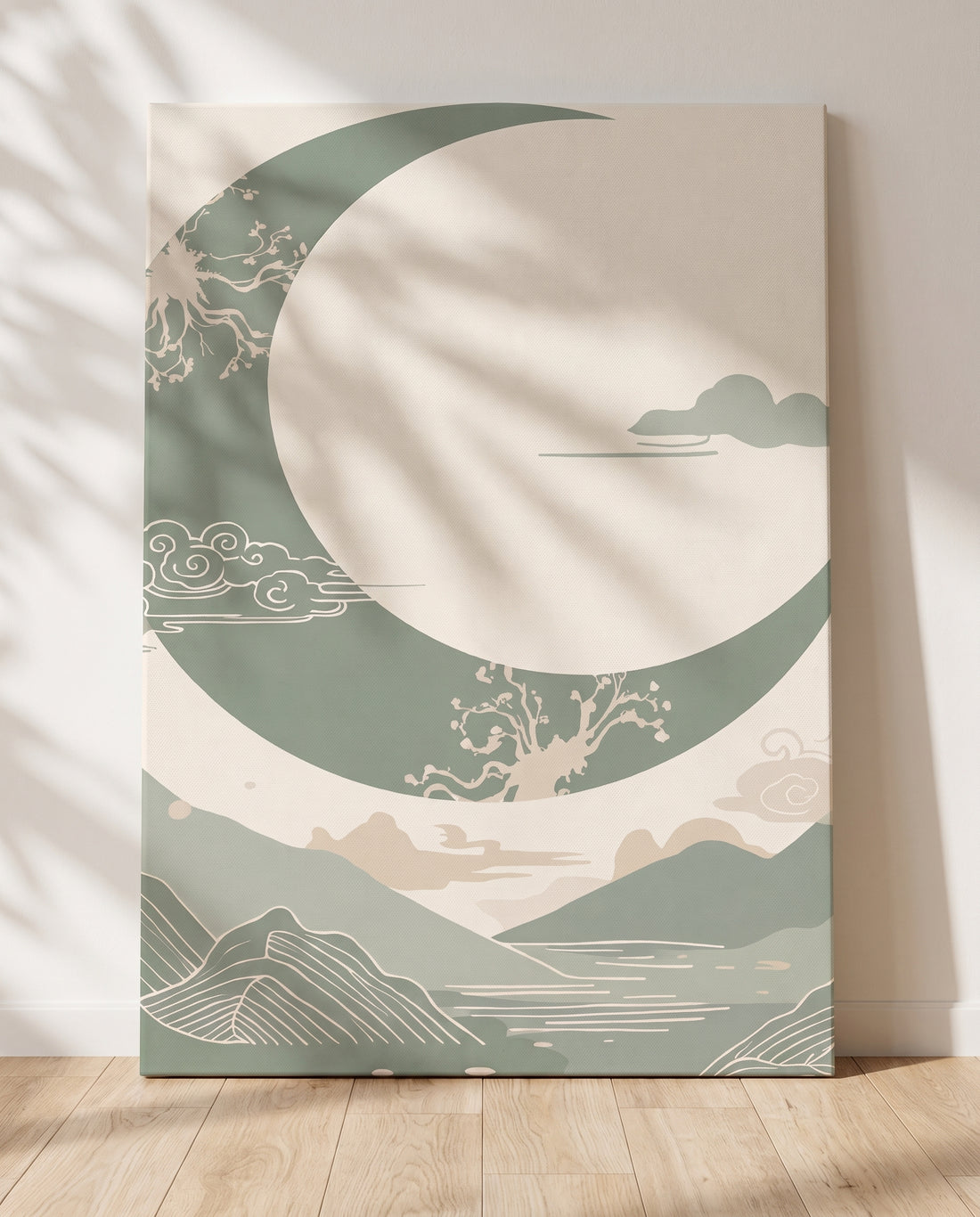 Leaning canvas — Sage Green Japandi Moon